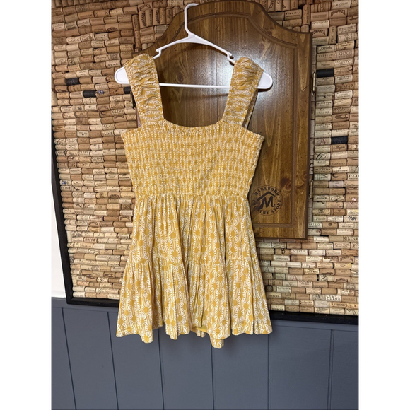 FREE PEOPLE Sweet Annie Smocked Mini Dress Mustard Block Print Floral Sz small - Picture 3 of 7